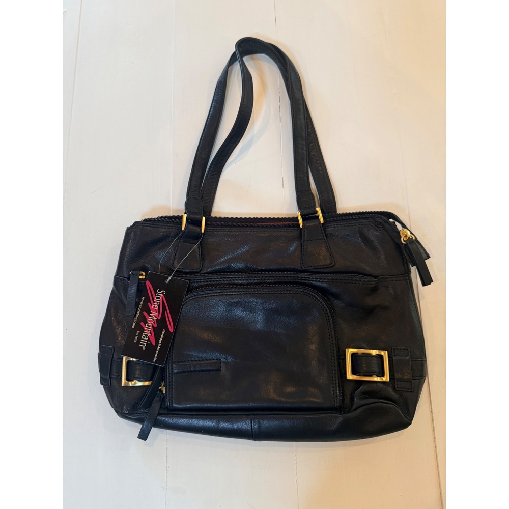 NWT Stone Mountain Sydney Black Leather Shoulder Tote Bag Classic Work Corporate